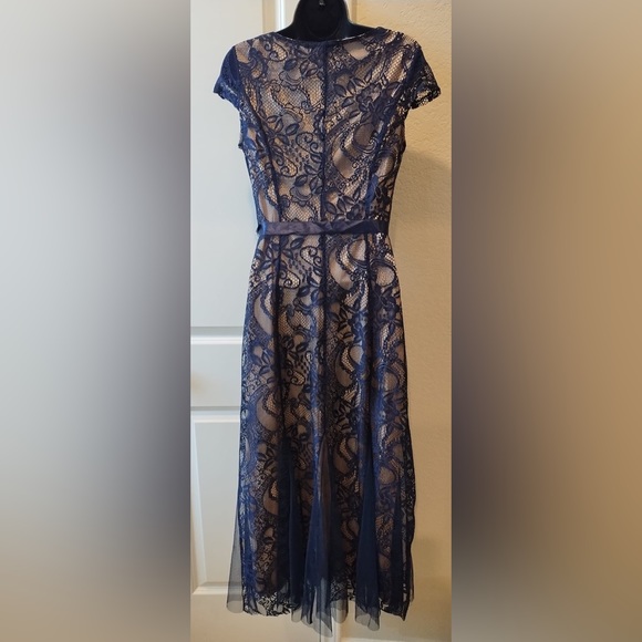Cardalite Navy  Blue/ Tan Lace Maxi Dress* Sheer Lace Festive Dress - Picture 4 of 16